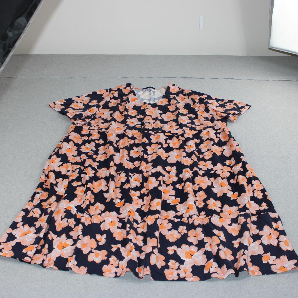 Ulla Popken Dress Women 32/34 Blue Floral T Shirt Trapeze Swing Pockets Cotton